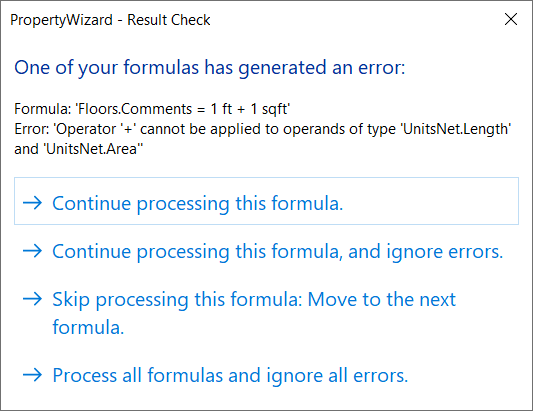 PropertyWizard Result Check dialog showing a Type Mismatch error