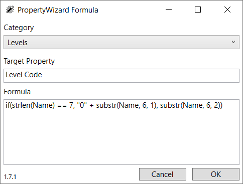 PropetyWizard Formula Window showing simple Level Code formula using strlen and substr