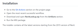 Screenshot of the Installation section of the RevitLookup home page on GitHub