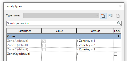 Image of the key plan's Family Types dialog, showing the visibility parameters that control the highlights