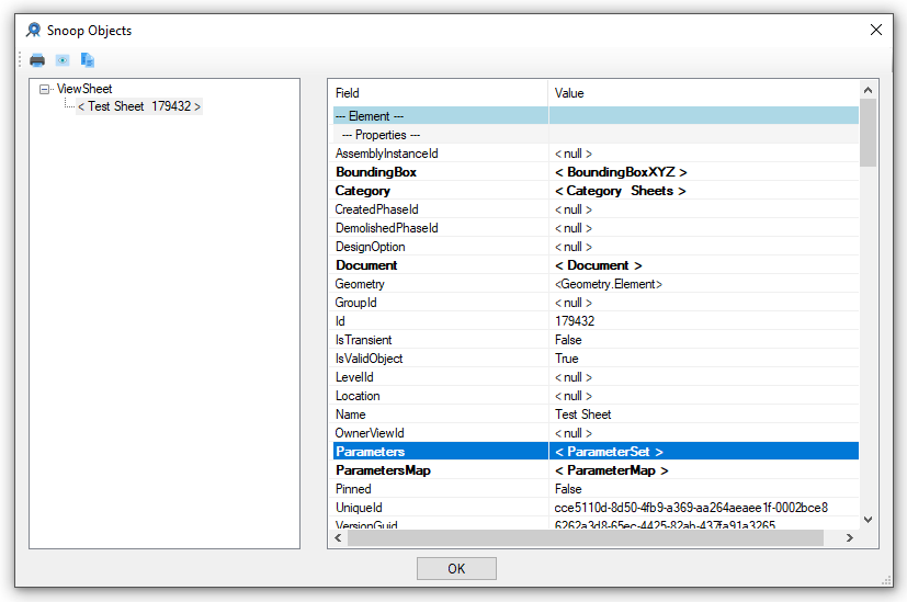 Revit Lookup showing the sheet's Parameters property
