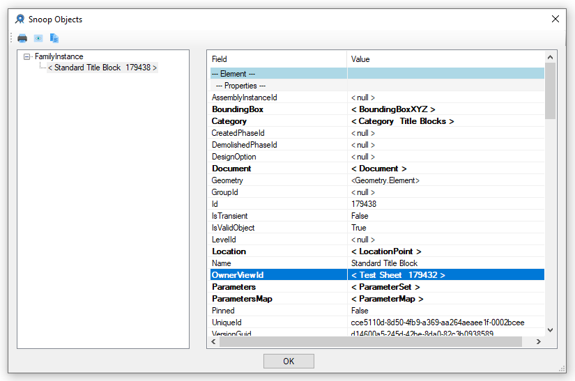 Revit Lookup window showing a Title Block with the OwnerViewId property highlighted