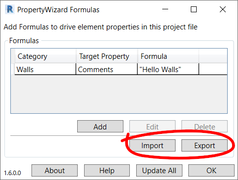 Screenshot of the PropertyWizard Main Window, highlighting the new Import and Export buttons