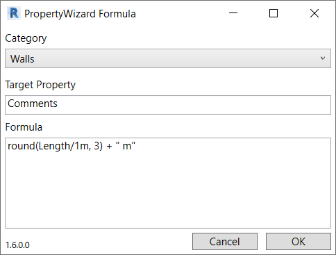 Screenshot showing a formula using the new round() function in V1-6-0. The formula is 'round(Length/1m,3) + " m"'