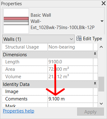 Screenshot showing the Revit properties window, with a wall's Length reformatted in metres.