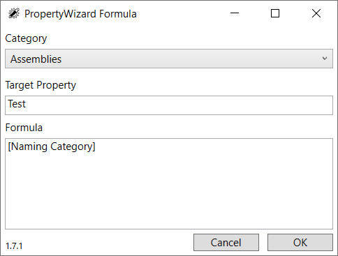 PropertyWizard Formulas dialog showing an Assemblies formula