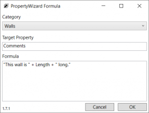 PropertyWizard Formula window showing string concatenation formula using the '+' operator