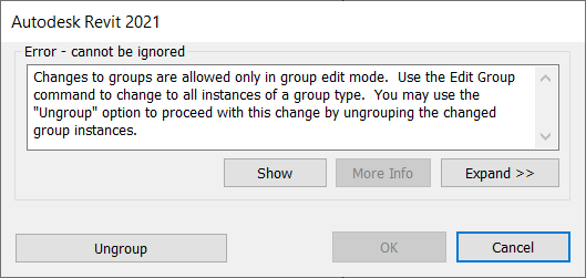 Revit Warning dialog showing a 'Changes to groups are only allowed in group edit mode' error