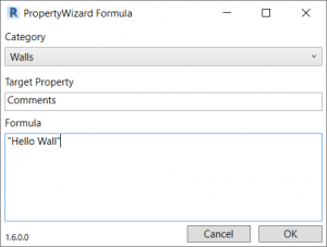 PropertyWizard Formula window showing a formula for the category 'Walls', Target Property is 'Comments' and the Formula text is "Hello Wall"