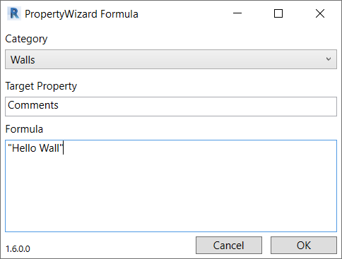 PropertyWizard Formula window showing a formula for the category 'Walls', Target Property is 'Comments' and the Formula text is "Hello Wall"