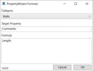 PropertyWizard Formula window showing a formula for the category 'Walls', Target Property is 'Comments' and the Formula text is 'Length'
