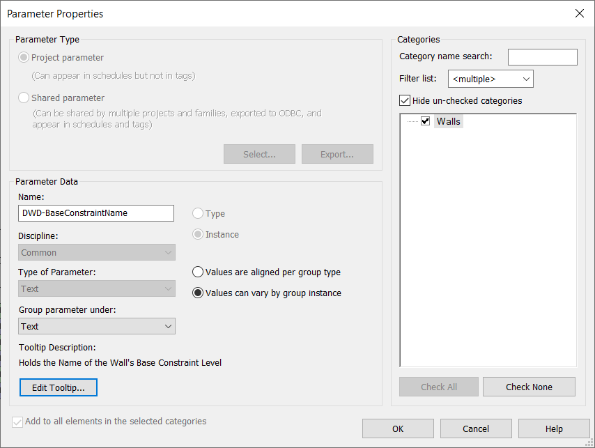 Revit Parameter Properties dialog showing the DWD-BaseConstraintName parameter. It is a Text parameter and applies to the Walls category.
