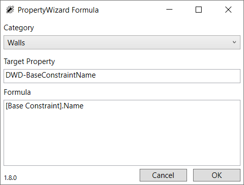 PropertyWizard Formula window showing a formula for the category 'Walls', Target Property is 'DWD-BaseConstraintName' and the Formula text is [Base Constraint].Name