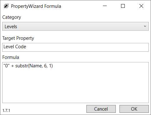 PropetyWizard Formula Window showing simple Level Code formula using substr
