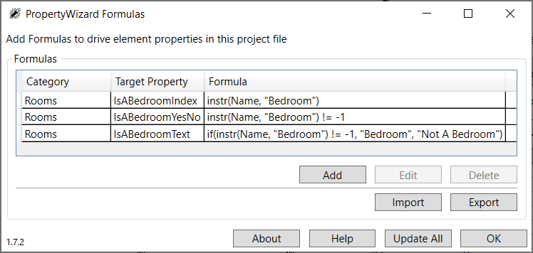 PropertyWizard Formulas window showing three formulas using instr to find the text "Bedroom"
