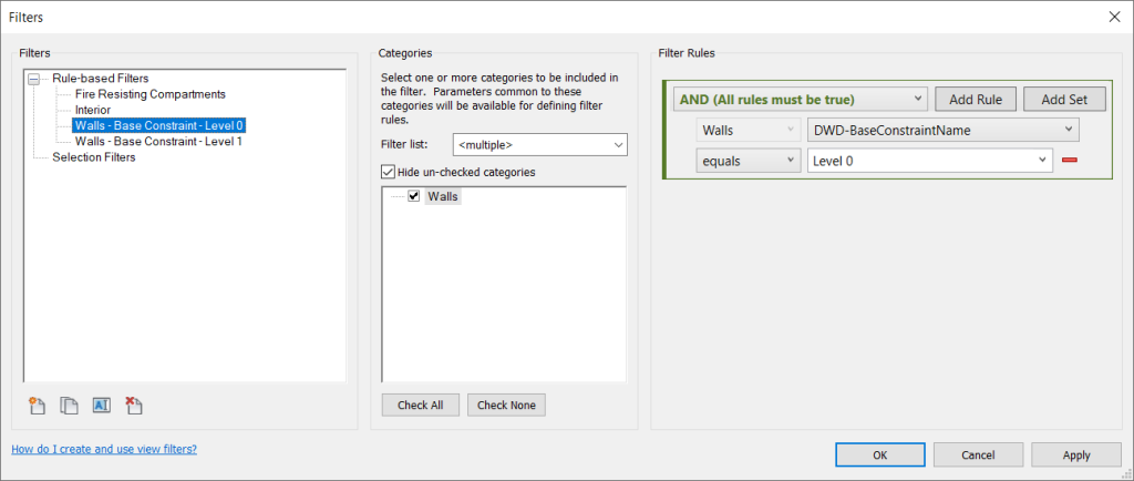 Revit Filters dialog showing a filter on Walls, where DWD-BaseConstraintName = Level 0