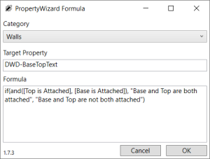 PropertyWizard Formula window showing a formula for the category 'Walls', Target Property is 'DWD-BaseTopText' and the Formula text is "if(and([Top is Attached], [Base is Attached]), "Base and Top are both attached", "Base and Top are not both attached")"
