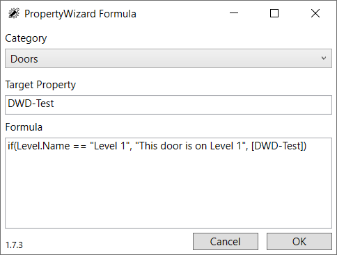 PropertyWizard Formula window showing a formula for the category 'Doors', Target Property is 'DWD-Test' and the Formula text is 'if(Level.Name == "Level 1", "This door is on Level1", [DWD-Test])'