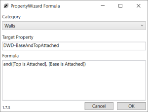 PropertyWizard Formula window showing a formula for the category 'Walls', Target Property is 'DWD-BaseAndTopAttached' and the Formula text is "and([Top is Attached], [Base is Attached])"