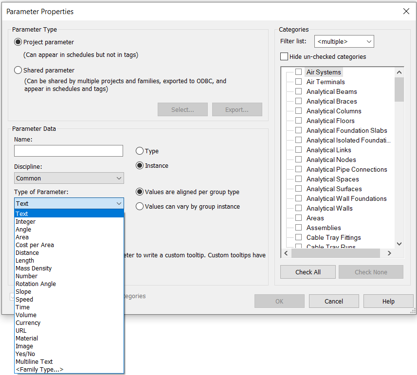Revit Parameter Properties dialog showing the 'Type of Parameter' drop-down menu