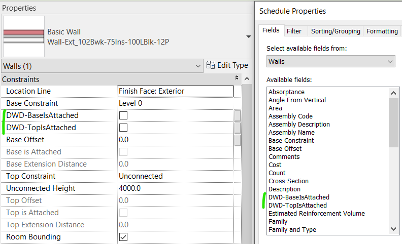 Revit screenshot showing Schedulable project parameters