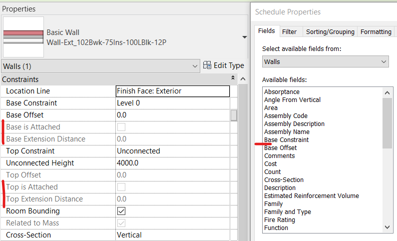 Revit screenshot showing Un-Schedulable built-in parameters