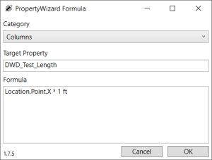 PropertyWizard Formula window showing a formula for the category 'Columns', Target Property is 'DWD_Test_Length' and the Formula text is 'Location.Point.X * 1 ft'