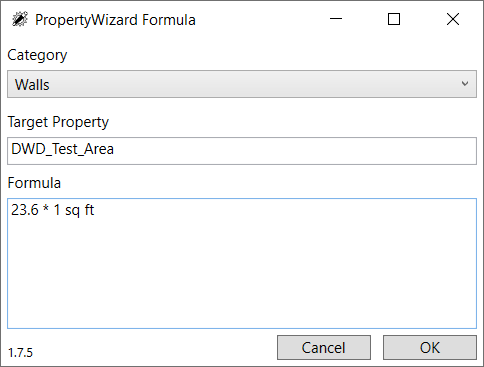PropertyWizard Formula window showing a formula for the category 'Walls', Target Property is 'DWD_Test_Area' and the Formula text is '23.6 * 1 sq ft'