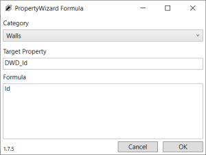 PropertyWizard Formula window showing a formula for the category 'Walls', Target Property is DWD_Id' and the Formula text is 'Id'