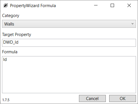 PropertyWizard Formula window showing a formula for the category 'Walls', Target Property is DWD_Id' and the Formula text is 'Id'