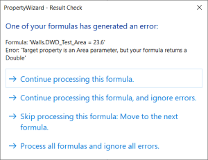 PropertyWizard Result Check dialog showing a type mismatch error: 'Target property is an Area parameter, but your formula returns a Double.'