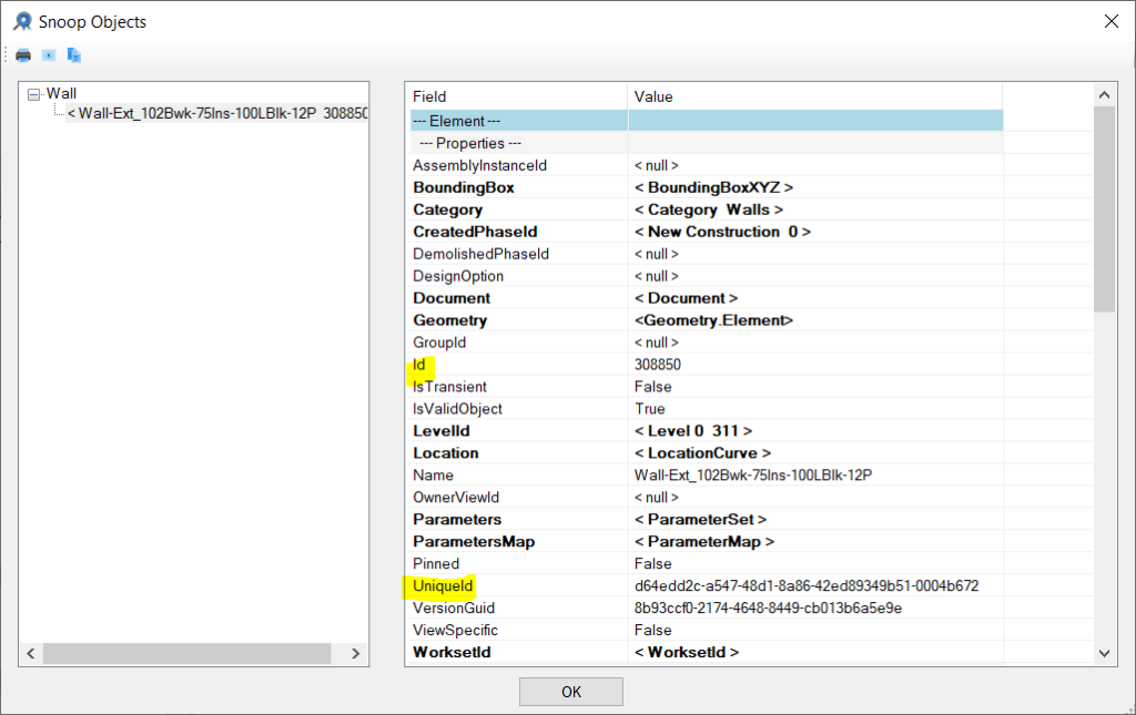 Revit Lookup window highlighting the Id and UniqueId properties on a Revit element