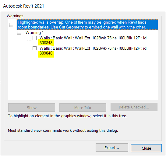 Revit Warnings dialog highlighting element Ids
