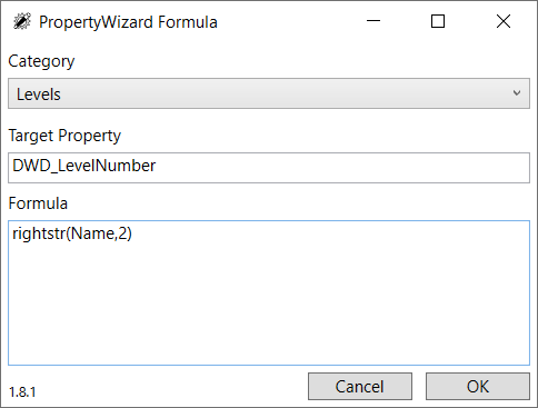 PropertyWizard Formula window showing a formula for the category 'Levels', Target Property is 'DWD_LevelNumber' and the Formula text is 'rightstr(Name, 2)'