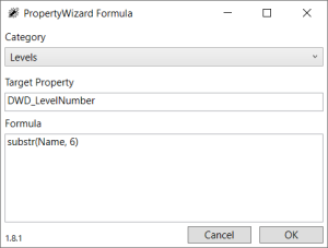 PropertyWizard Formula window showing a formula for the category 'Levels', Target Property is 'DWD_LevelNumber' and the Formula text is 'substr(Name, 6)'