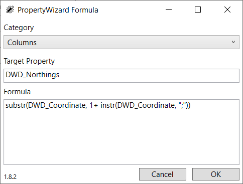 PropertyWizard Formula window showing a formula for the category 'Columns', Target Property is 'DWD_Northings' and the Formula text is 'substr(DWD_Coordinate, 1+ instr(DWD_Coordinate, ";"))'