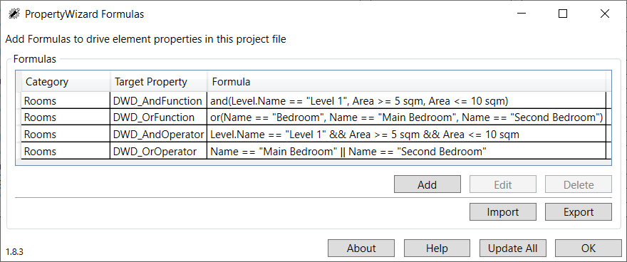 PropertyWizard Formulas window showing the four formulas described in the article